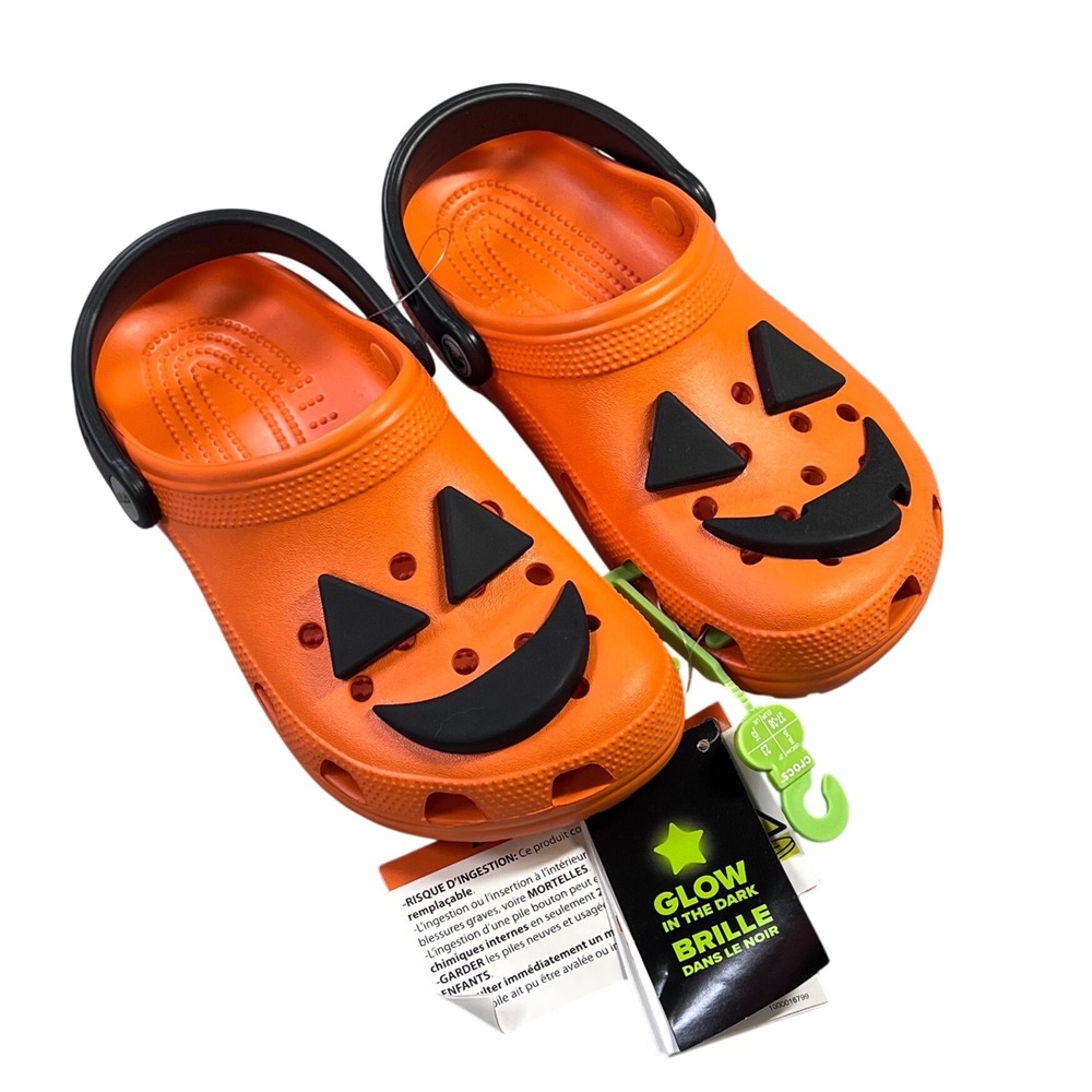 Crocs Kids Halloween Jack-O-Lantern Clogs Orange Glow In The Dark Light up J5